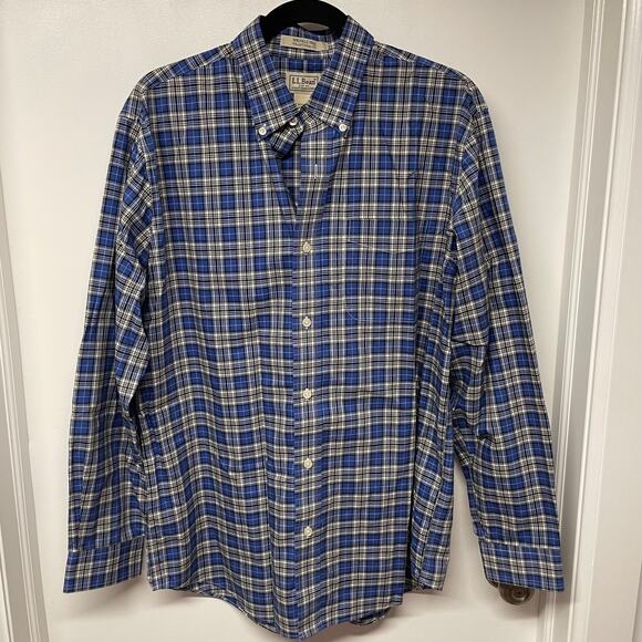 LL Bean Mens Blue White Plaid Long Sleeve Button Up Shirt Size Medium #500539 - Picture 1 of 5